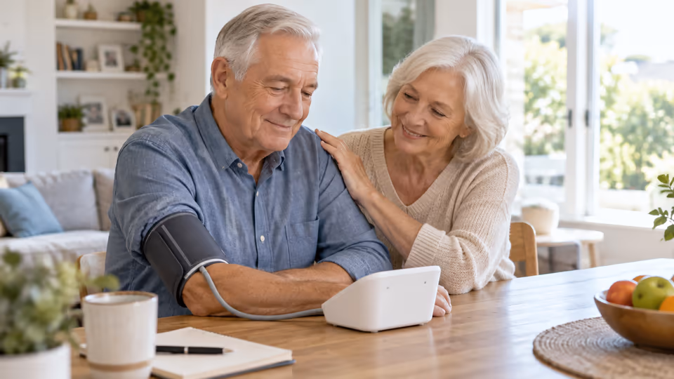 An older adult using a blood-pressure monitor at home