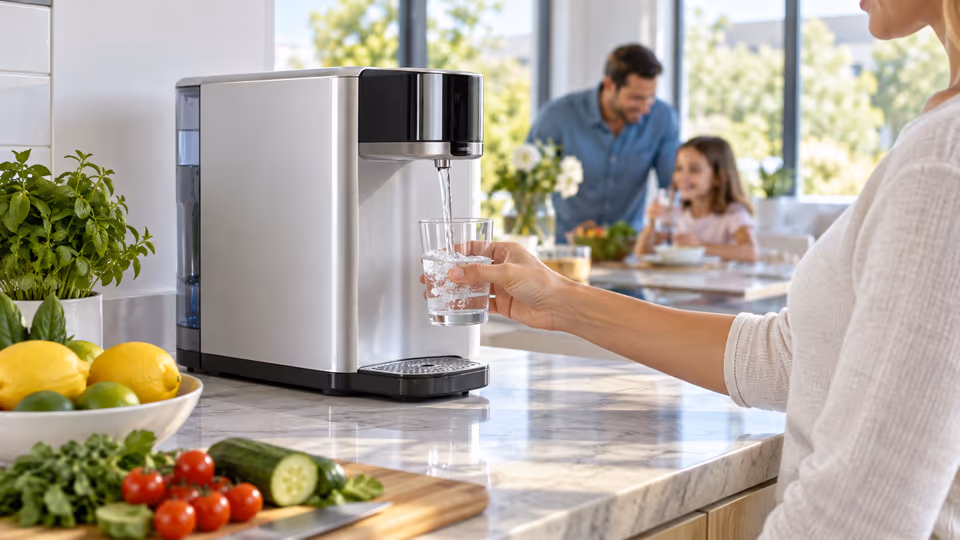 A countertop water purifier being used in a kitchen