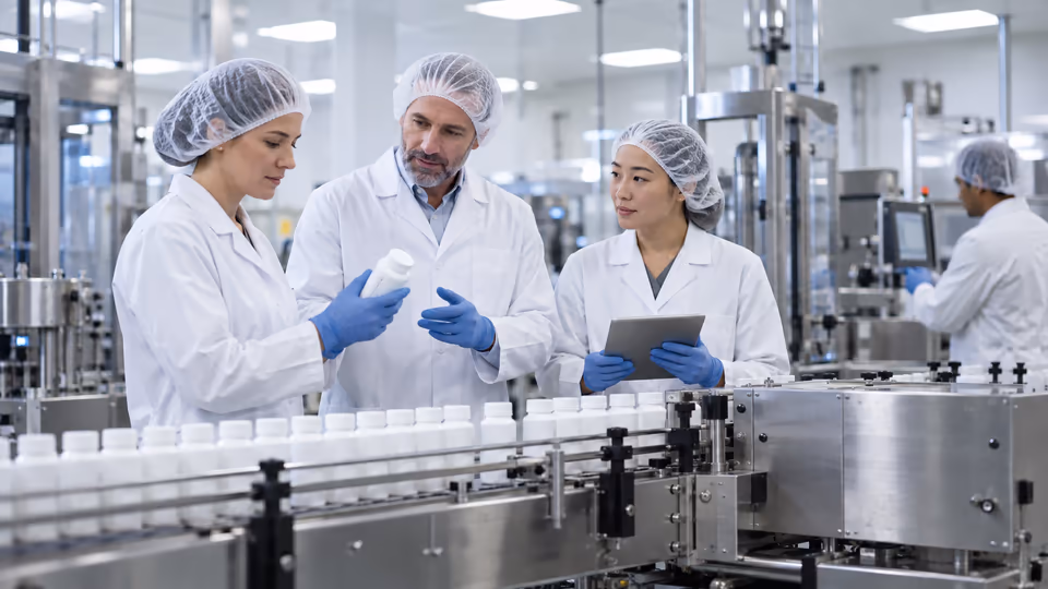Three manufacturing personnel discussing a quality check on a production line