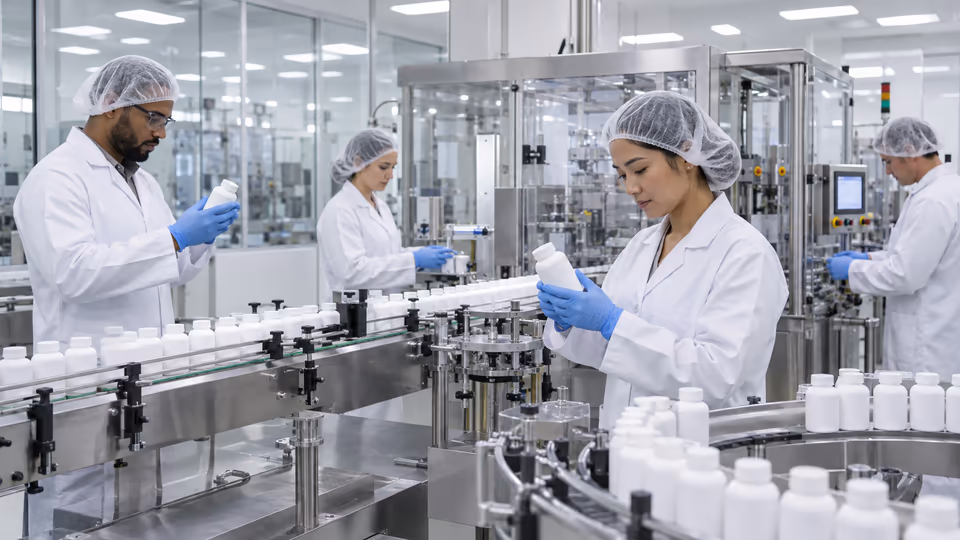 Manufacturing personnel inspecting a bottling line