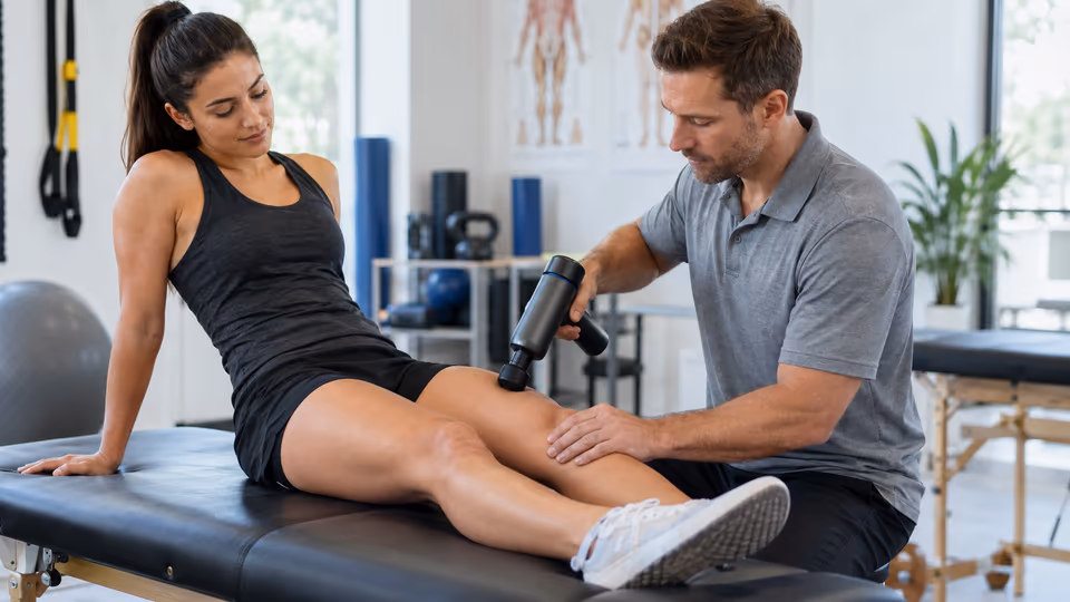 A practitioner using a handheld device during a rehabilitation session
