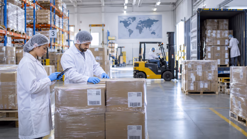 Manufacturing personnel checking packaged goods in a warehouse