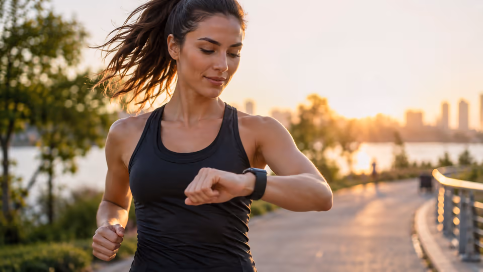 A runner looking at a wrist-worn device